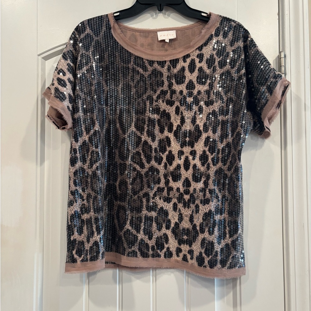 Entro Sequin Animal Print Short Sleeve Top